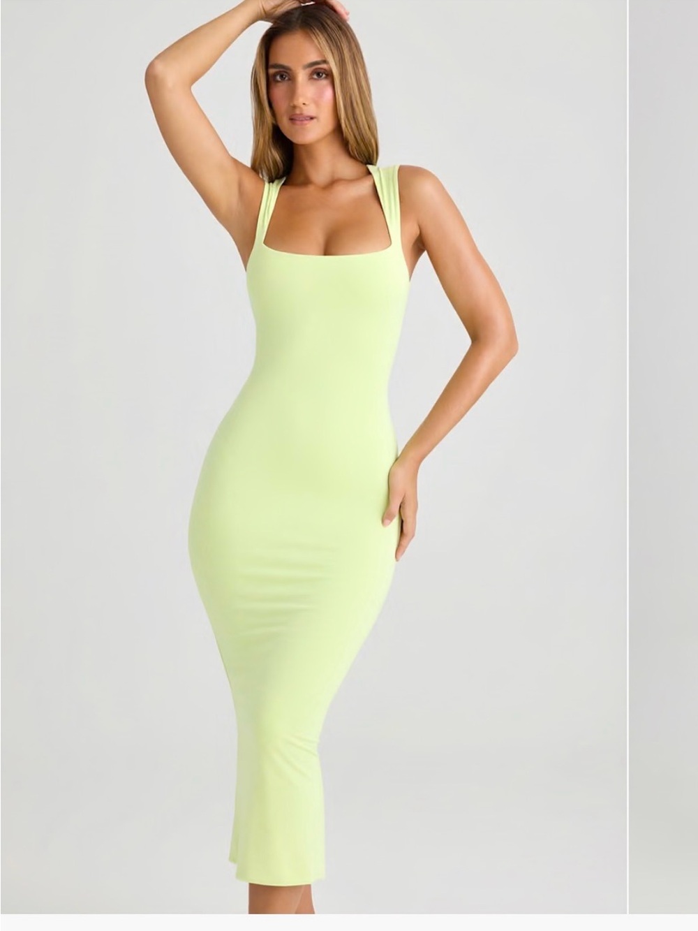 Oh Polly Neon Lime Square-Neck Bodycon Midi Dress